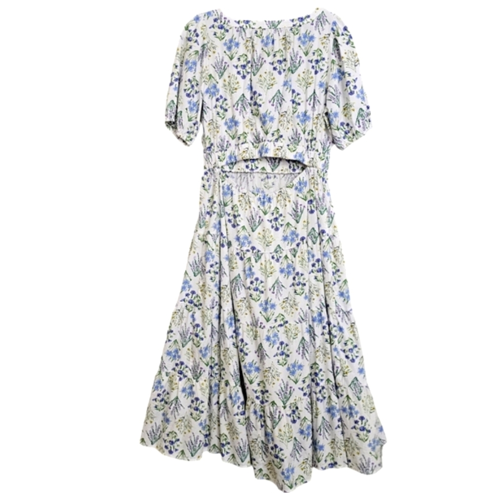 Nwot LOFT  White /Blue/Lavender Floral Puffed Sleeve Back Cutout Tier Midi Dress - Picture 5 of 16